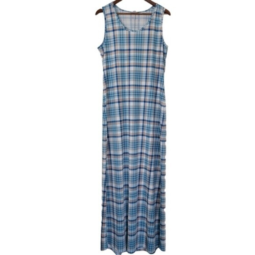 LuLaRoe Dani Tank Sleeveless Maxi Dress Blue Tan White Plaid Sundress Size XL